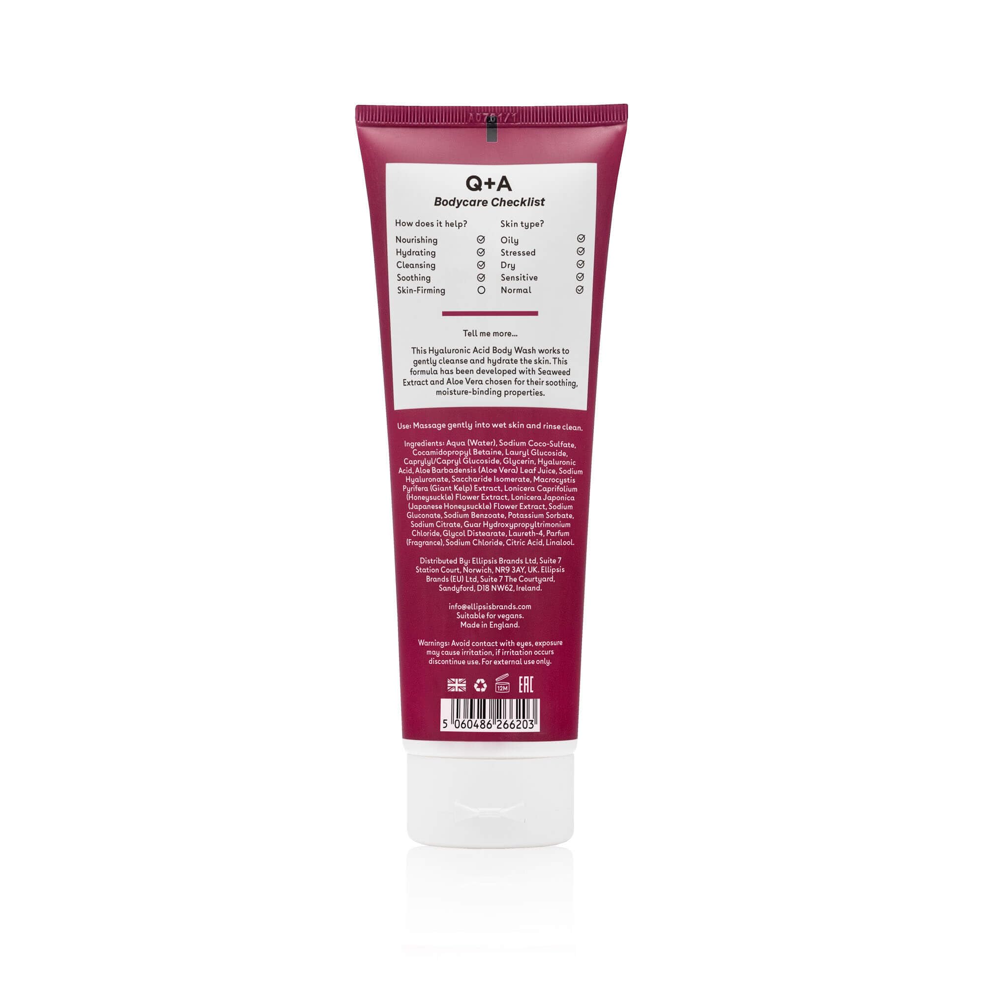 Q+A Hyaluronic Acid Body Wash, a blend of Hyaluronic Acid, Giant Kelp Extract and Saccharide Isomerate, and a fresh Apple and Avocado scent 250ml